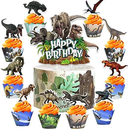 Dinosaur Cake Toppers 49 Pcs , Dinosaur Cupcake Wrappers and Toppers Supplies , Dinosaur Cake Decorations for Baby Shower Kids Party and Jurassic Dinosaur Birthday Party Supplies