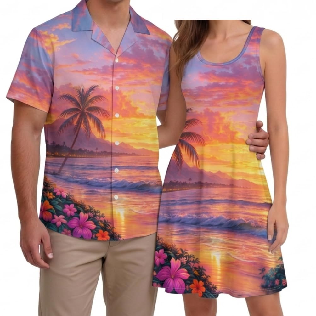 Hawaii Matching Couple Outfits Husband and Wife Clothing Fashionable Mens Casual Shirts Hawaii Dress with Soft Fabric