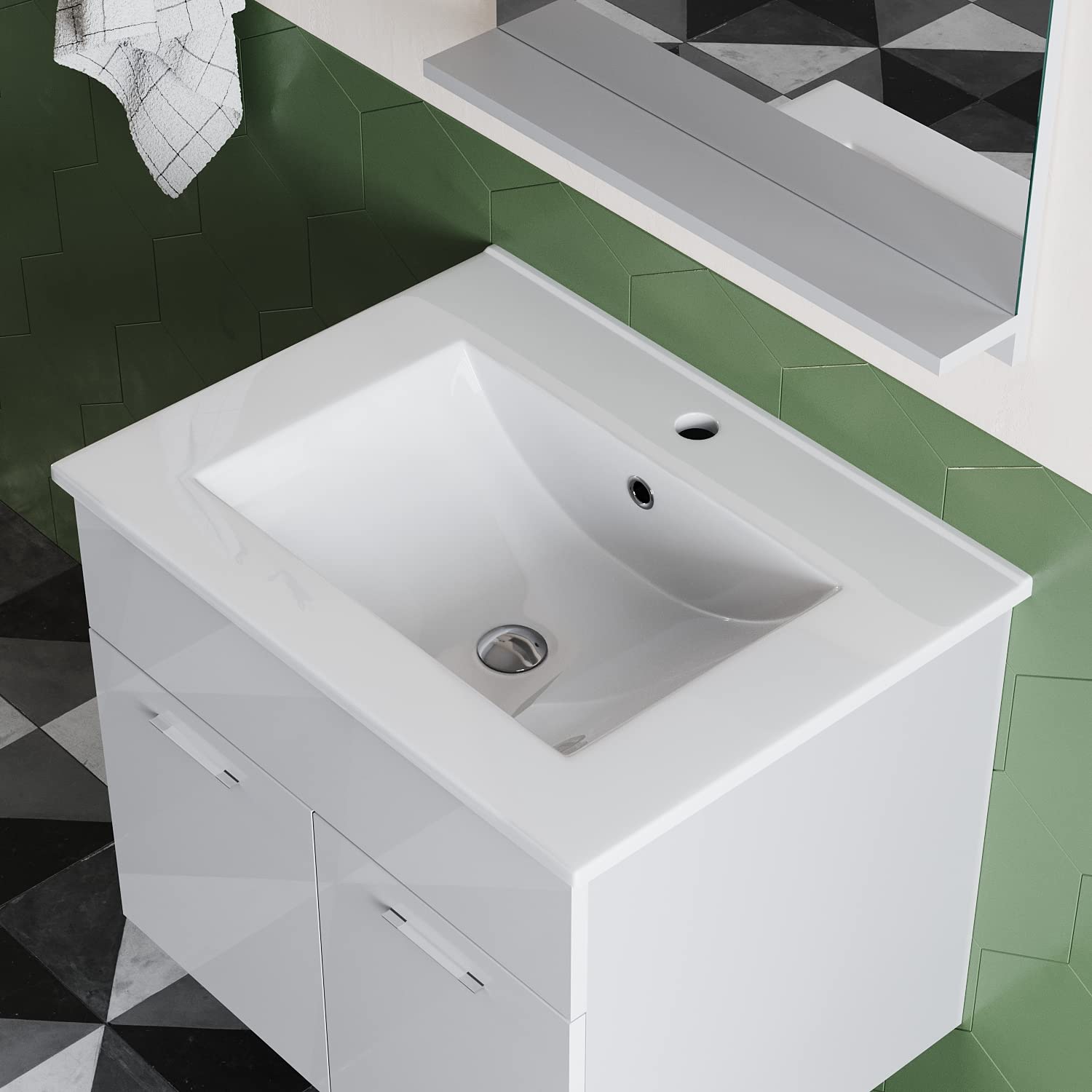 Set di mobili da bagno con lavabo bianco con mobiletto da 45 cm, set di mobili da bagno con specchio, programmi completi per il bagno, 2 pezzi, da appendere, lucido