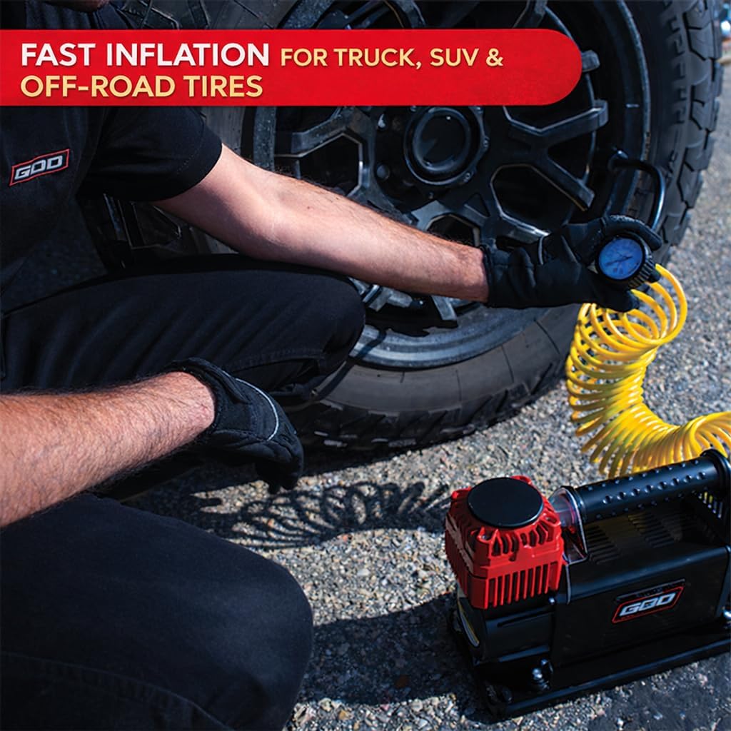 12V Portable Air Compressor – 5.65 CFM Heavy-Duty Tire Inflator for Truck, SUV & Off-Road Vehicles – 150 PSI Battery Clamp Air Pump with Gauge & Storage Bag