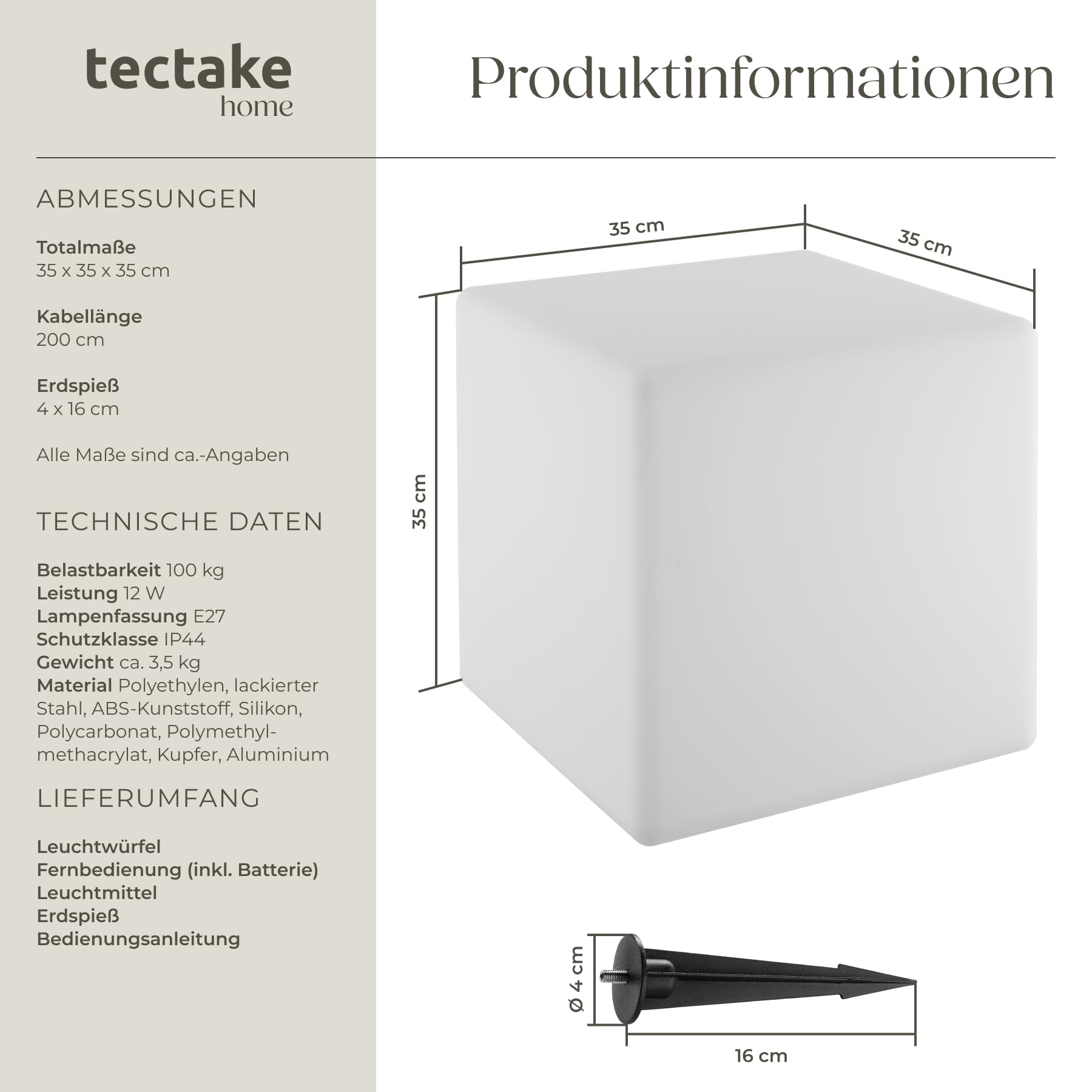tectake® LED Cube, 35 x 35 x 35 cm, Leuchtwürfel, multifunktionale outdoor Lampe, Deko Garten, Hocker, Beistelltisch, LED Tischlampe, Deko Wohnzimmer, Balkon Deko, Wegeleuchten außen, Außenleuchte- S