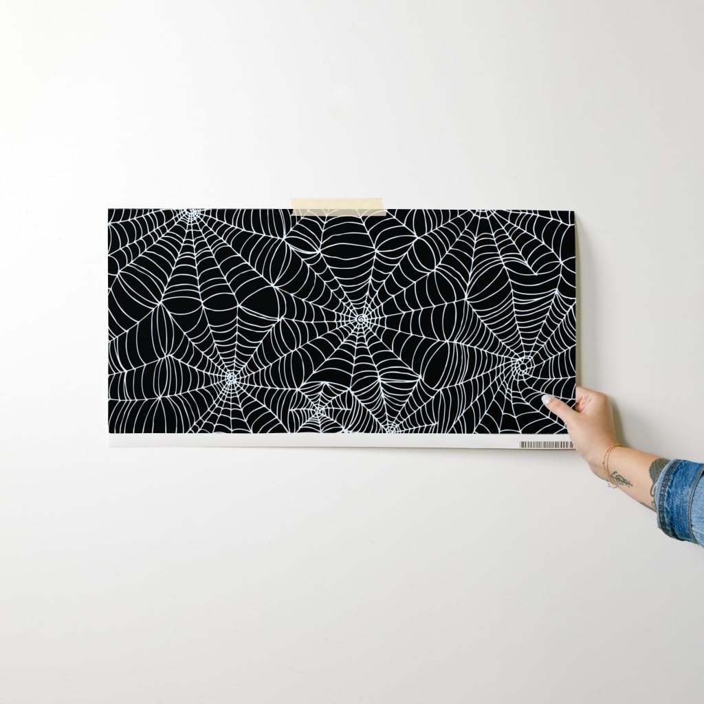 Spoonflower Peel & Stick Wallpaper Swatch - Spiderweb White Black Halloween Spooky Spider Cosplay Custom Removable Wallpaper