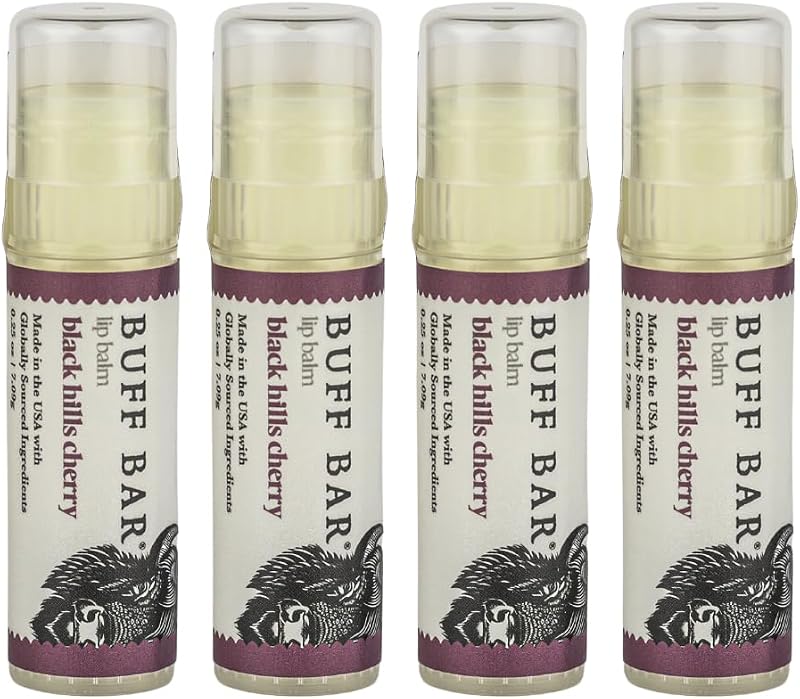Bálsamo labial BUFF BAR Big Crazy Buffalo com sebo de bisão, Black Hills Cherry, Pacote com 4