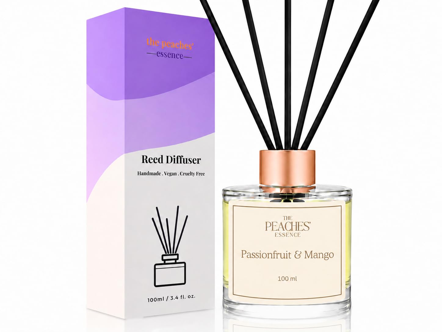 Passionfruit and Mango Reed Diffuser | Premium Quality 100ml Diffuser Bottle with 10 Fibre Sticks | Natural Ingrediemts | Handmade | Vegan and Pet Friendly | Long-Lasting Scent | Made in the UK