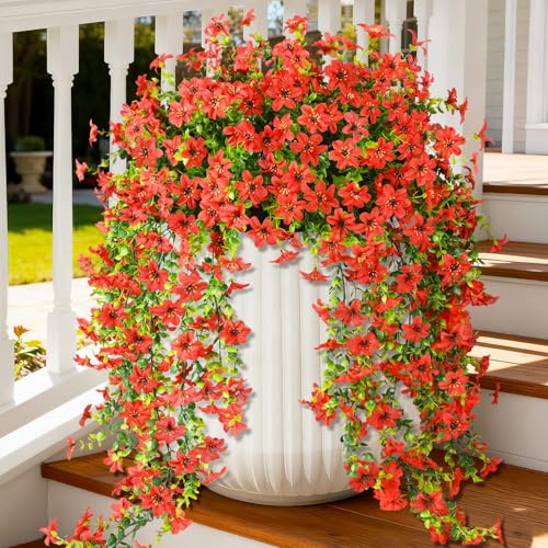 Artificial Fake Hanging Flowers Plants for Outdoor Spring Decoration,2 PCS Faux Silk Daisy with Eucalyptus Leaves,UV Resistant Look Real for Outside Home Indoor Planter Porch Patio Balcony Yard Decor