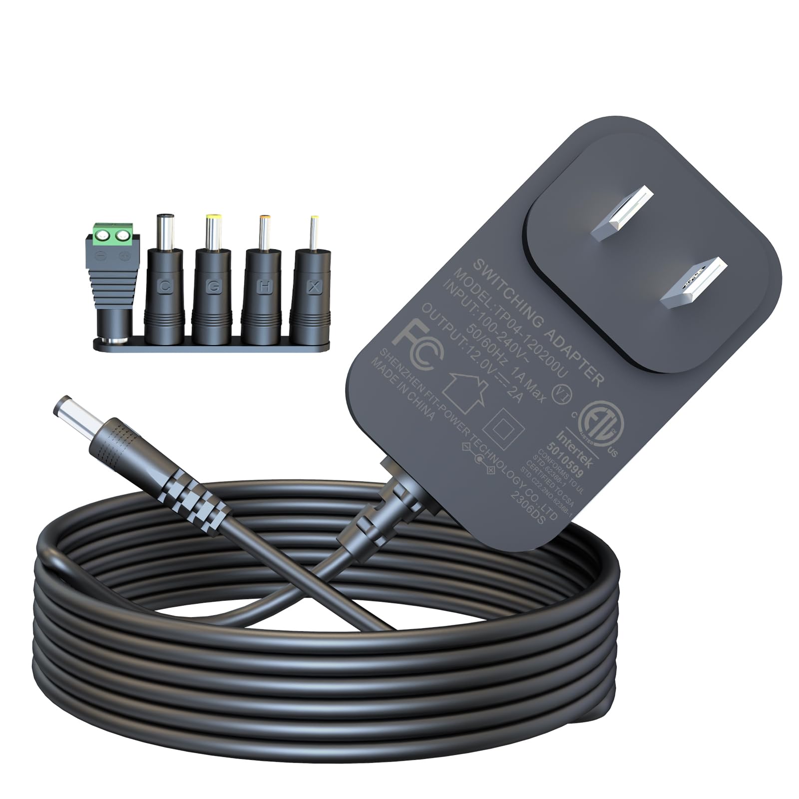 Fuente de alimentación de 12 V con 5 especificaciones diferentes de enchufes de CC, cargador para salida de CC de 12 voltios, 0,5 A, 1 A, 1,5 A, 2 A, equipado con tiras de luz LED de 24 W, teclado