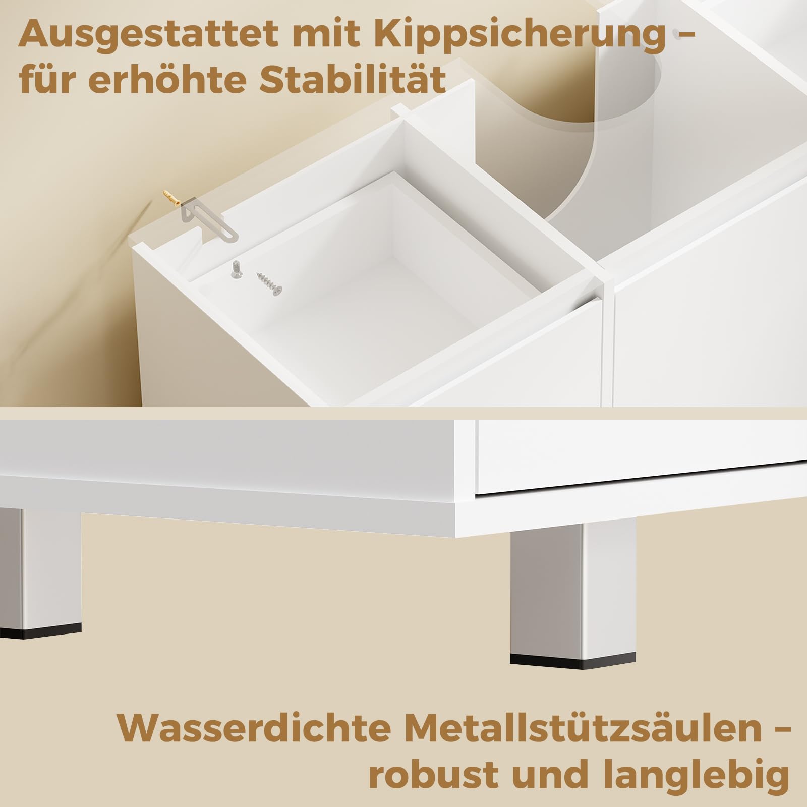 BEWISHOME Waschbeckenunterschrank, Badezimmerschrank mit 2 Schubladen 3 Schrankfächern,Viel Stauraum, Unterschrank Waschbecken mit Füßen, Maße 90 x 30 x 62.5 cm, Weiß