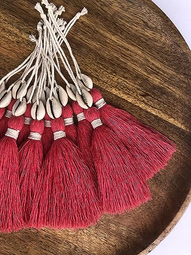 Image of Zippy Flora Handmade Cotton Tassels with Cowrie Shells for DIY & Crafts Project, Pack of 10 (Flamingo Pink)
