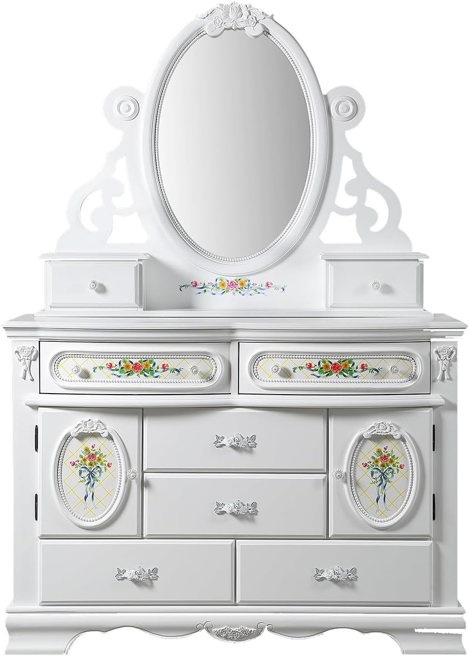 Acme Flora Wood Dresser with 6 Drawers and 2 Side Compartments in White