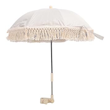 Dpofirs Baby Pram Parasol with Adjustable Clamp, Children Sunproof Umbrella Clip On for Pushchair, Strollers, Boho Outdoor Umbrella with Tassels Beige