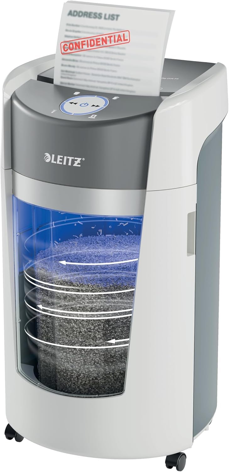 Leitz IQ Optimax Small Office 550 P5 Destructeur de Papier Coupe Micro P5, 12-​10 Feuilles (70-​80 g/​m²), Technologie Unique de Rotation de la Corbeille, +​33% de Capacité, 550 x Feuilles A4 (35L)