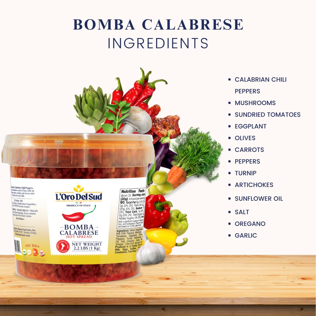 Calabrian Bomba Hot Pepper Sauce 2.2 lb (1 kg), Certified Authentic, Bomba Calabrese, Spicy Mixed Vegetable Spread, Product of Italy, L'Oro Del Sud