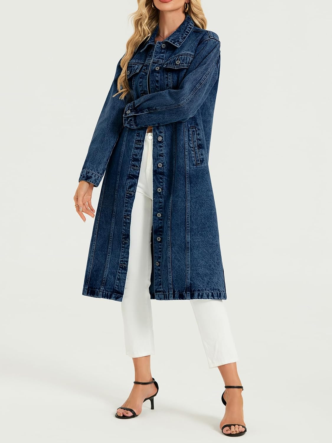 LifeShe Women Denim Jacket Button Down Maxi Long Jean Trench Coat With Pocket - Image 3