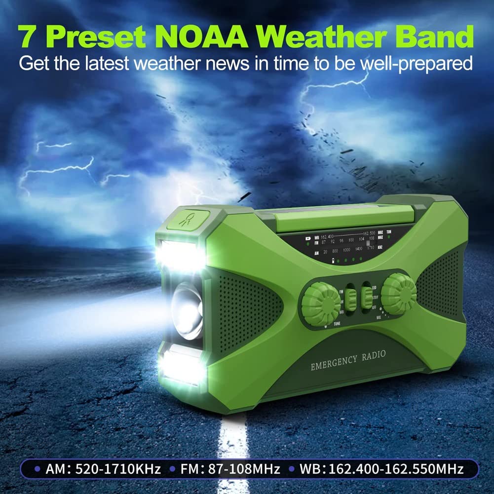 TsoLay Radio de Emergencia de 10000MAh, Radio de Manivela Solar, Portátil con Cargador de Teléfono, Linterna LED Verde