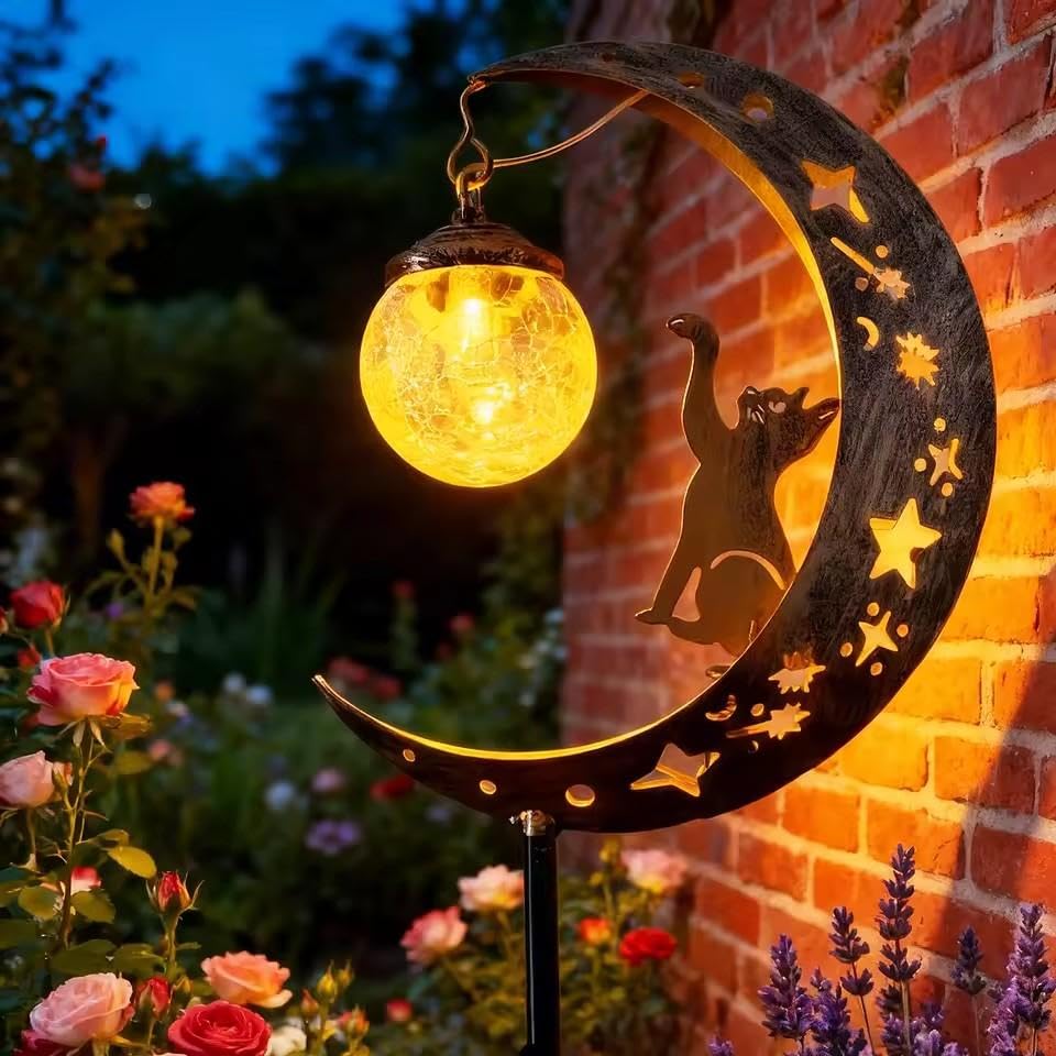 Solar Cat Garden Stake Light, IP66 Waterproof Iron Moon Silhouette Lantern with Crackle Glass, Warm LED Outdoor Decor for Yard, Pathway & Flower Bed (Black - 1Pack)