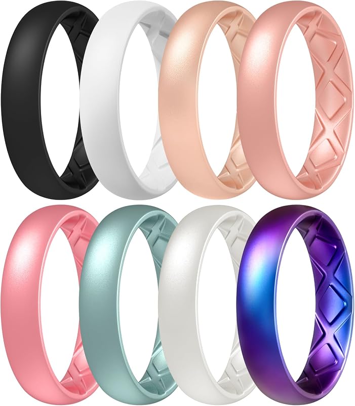Anillo de compromiso de silicona para mujer Egnaro, juego brillante de ajuste cómodo de 5,5 mm de ancho | Alianzas de boda de goma flexible, ranuras en X transpirables, curva ergonómica para gimnasio, entrenamiento, viajes, trabajo, vacaciones, playa, uso diario