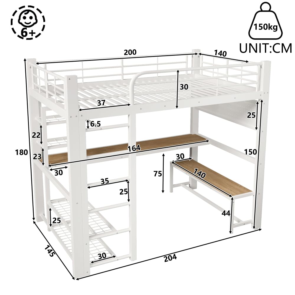 Sapgaks - Cama entrepiso de 1 plaza de 140 x 200 cm, litera infantil con barrera con banda luminosa LED, cama entrepiso escalera, escritorio de madera, tendedero para ropa (140 x 200)