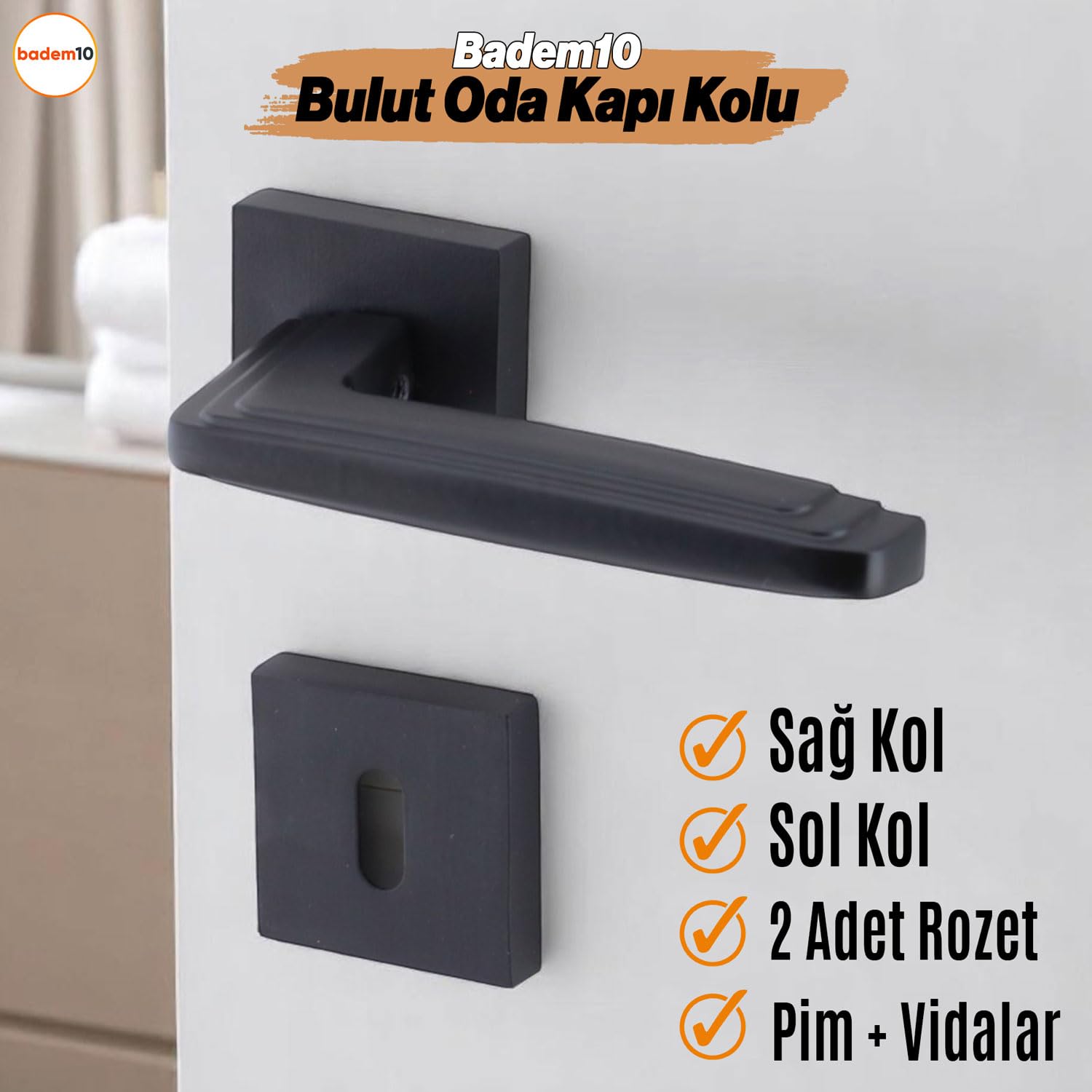 Bulut Oda Siyah Kapı Kolu Kare Rozetli Sağa Sola Uygun İç Ev Kapısı Kolları Kilitlenebilir 1 Takım