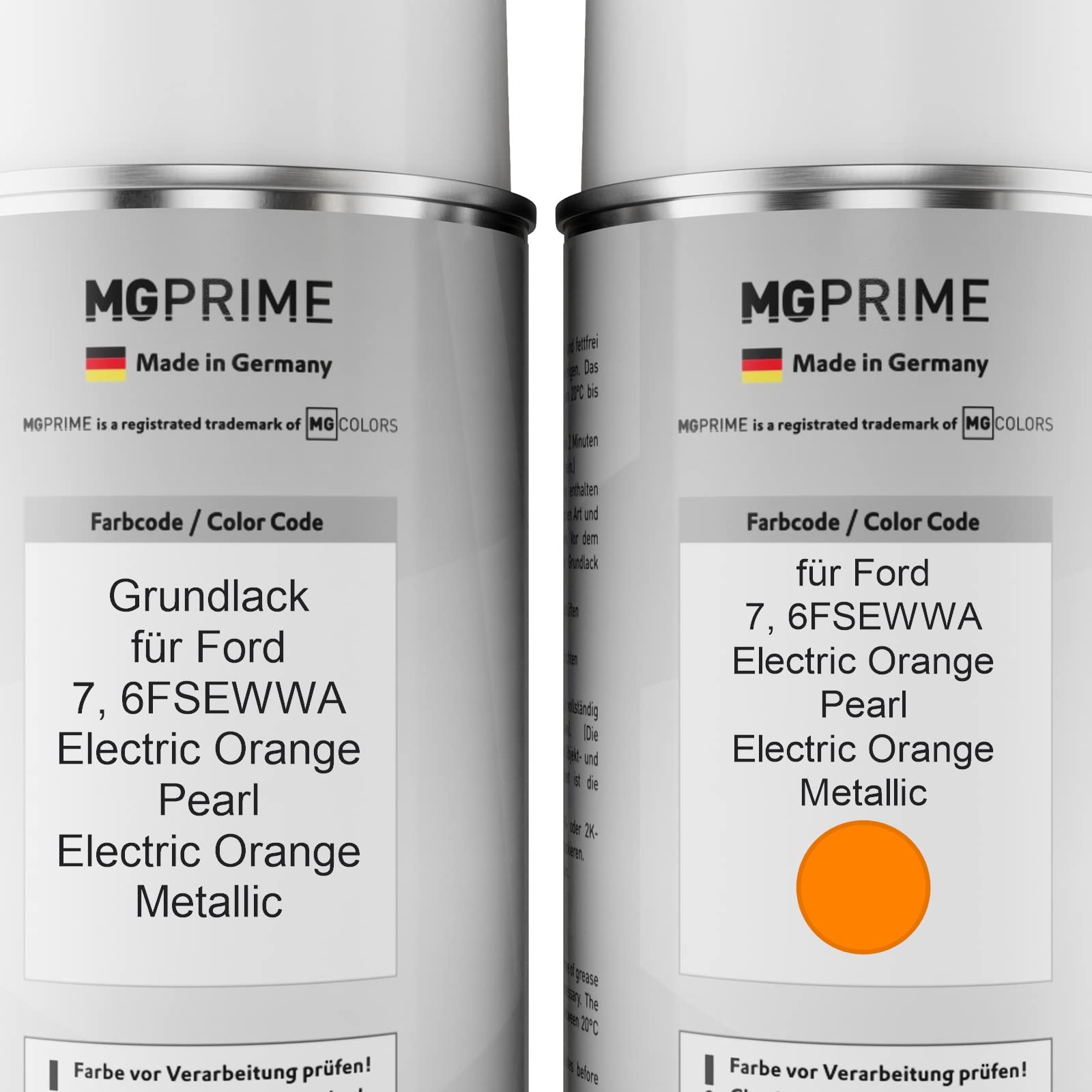 MG PRIME Bombolette vernice per Ford 7 / 6FSEWWA Electric Orange Pearl +2K | Electric Orange Metallic, Vernice per auto, Kit vernice di fondo + base + trasparente 2K, bombolette spray 400ml