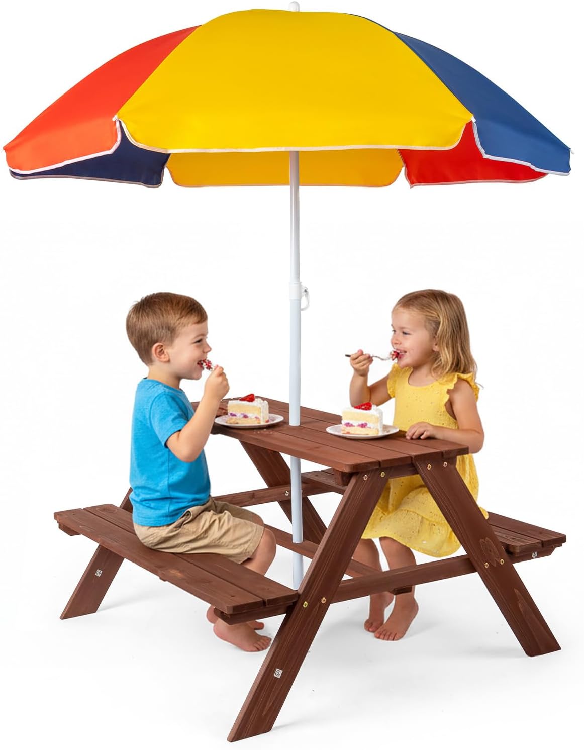 Kids Picnic Table, Wooden Toddler Picnic Table and Chair w/Removable Umbrella, Kids Outdoor Furniture for Patio Garden, Dark Brown