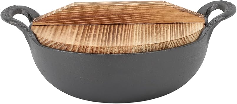 TOPINCN Cast Iron Wok Pan, 14.2in Large Stir Fry Pan, Flat Bottom Wok with Wooden Lid and Handle, Uncoated Cooking Wok, for All Cooktops 25cm