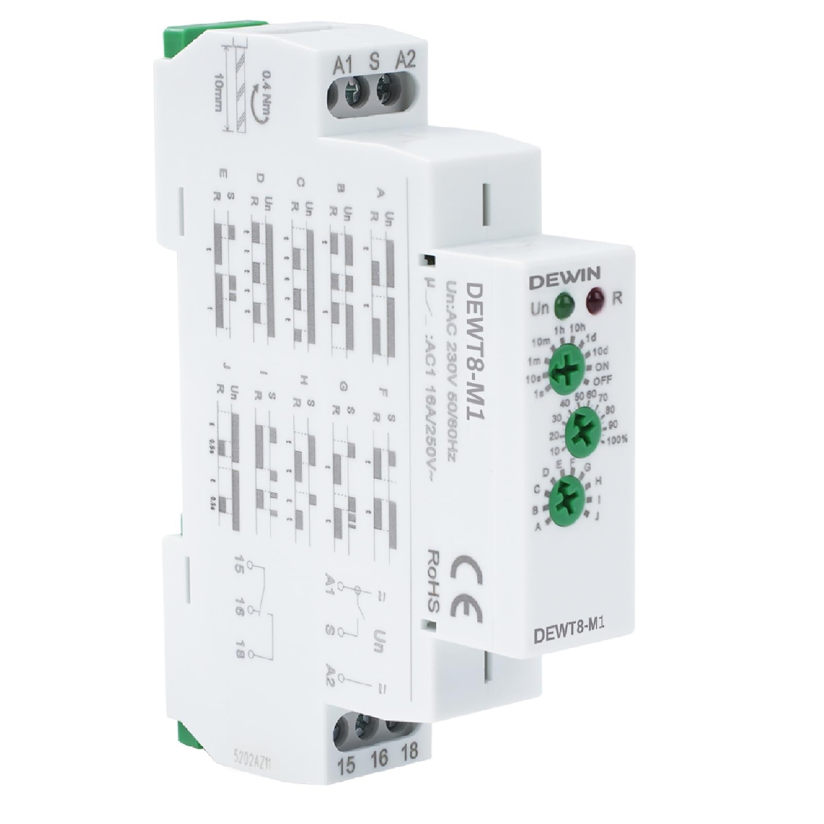 DEWIN Time Relay, GRT8-M1 AC 230V Multifunctional DIN Rail Delay Time Relay with 10 Functions DIN Rail Mounting