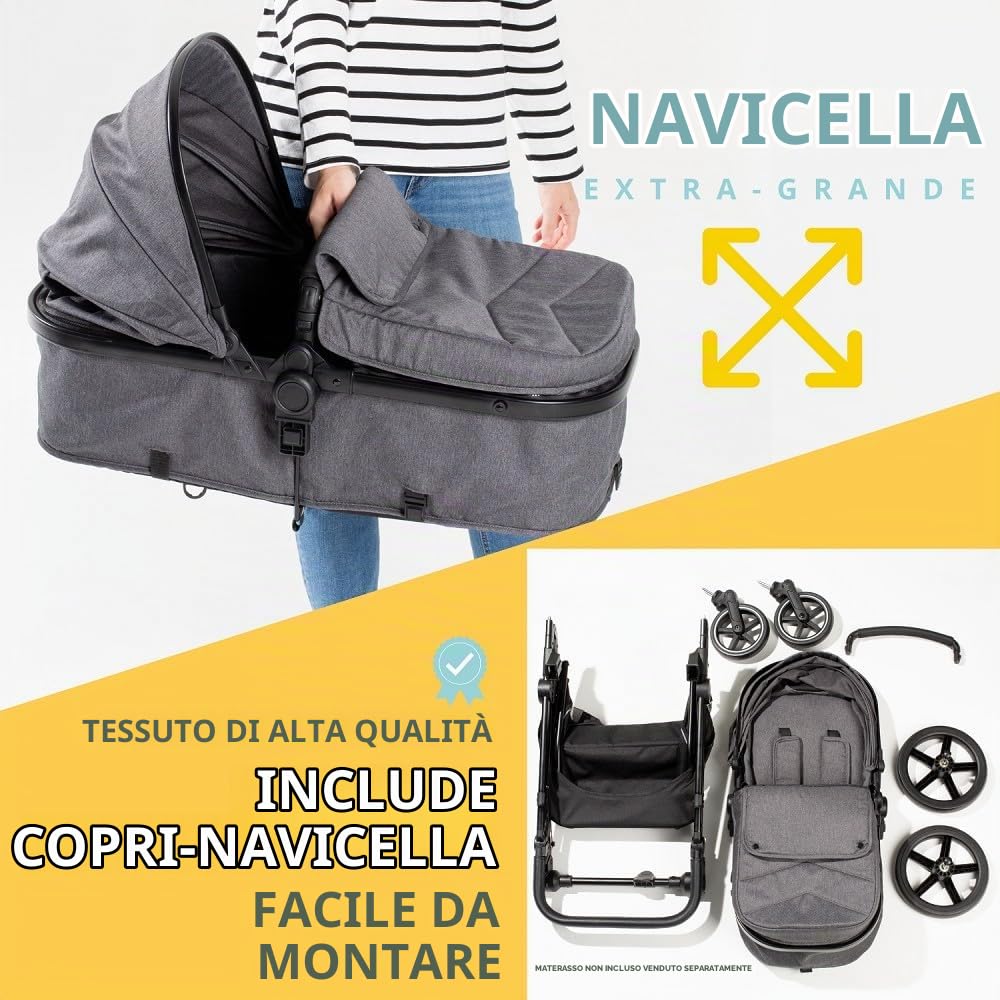 Interbaby Passeggino 2 in 1 Navicella + Seduta Reversibile 22 kg (Nero) | Passeggino combinato 2 in 1 dalla nascita, navicella extra grande + seduta reversibile, sospensioni 4 ruote, chiusura rapida