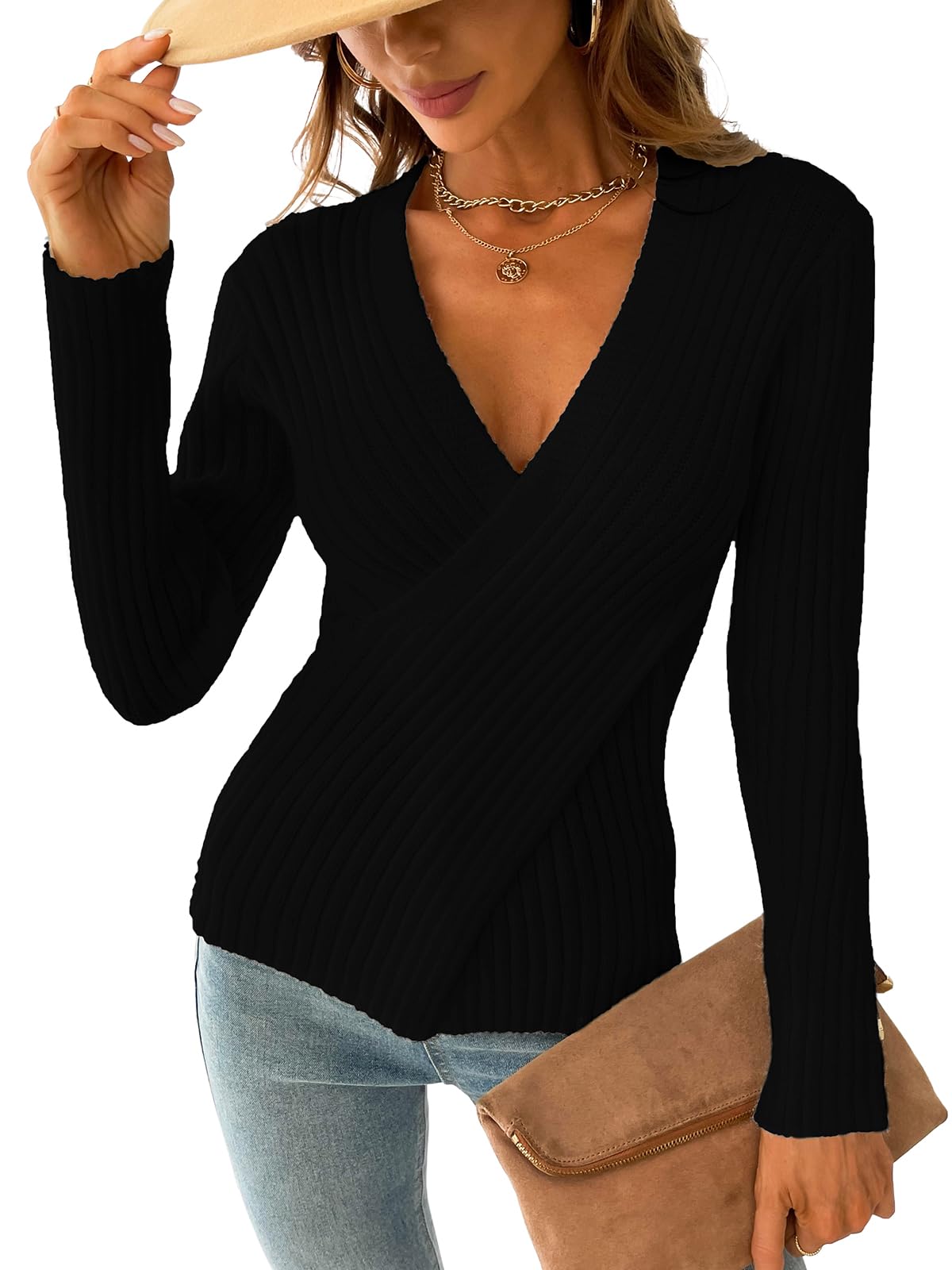 CUPSHE Womens Ribbed Sweaters Surplice Fall Knit Sweater Long Sleeve Wrap Sweater Tops