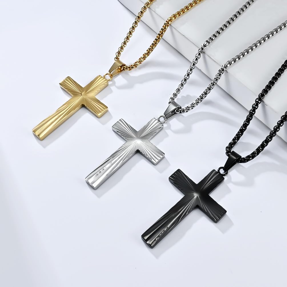 Men Cross Necklace,Stainless Steel Silver/Gold/Black Hip-Pop Pendant Necklace Jewelry，60cm Rolo Chain