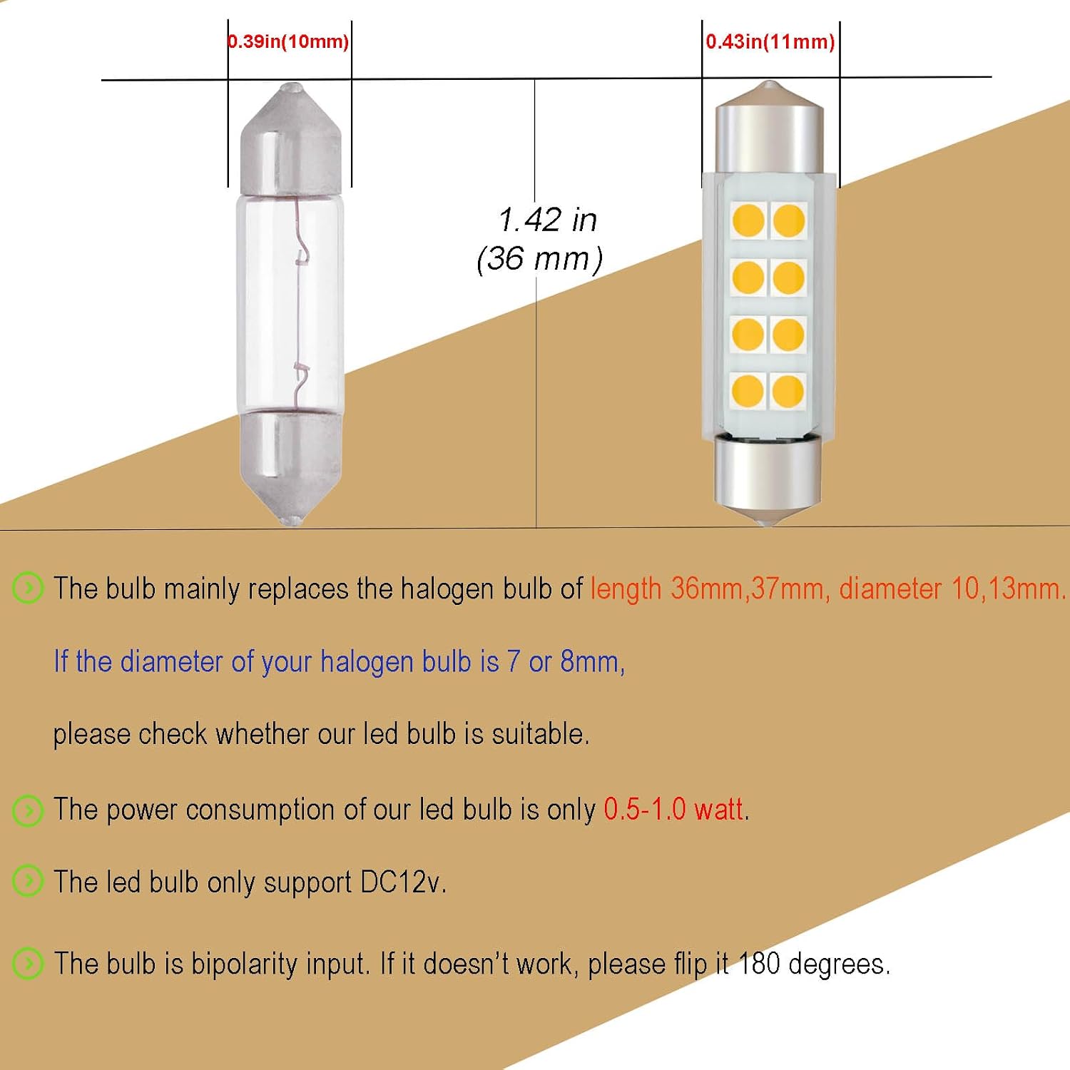 DC 12V 36mm Festoon LED Bulb 6418 LED Car Bulb Warm White 6411 DE3423 for Camper RV Automotive Interior Dome Reading Map Cargo Lights (Pack 12)