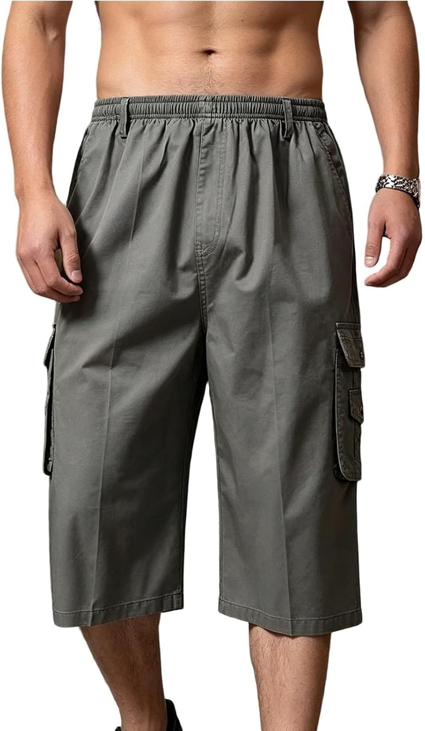 Men’s Knee-Length Cargo Shorts – Relaxed Fit Bermuda Shorts with Elastic Waist for Hiking, Work, and Outdoor Activities