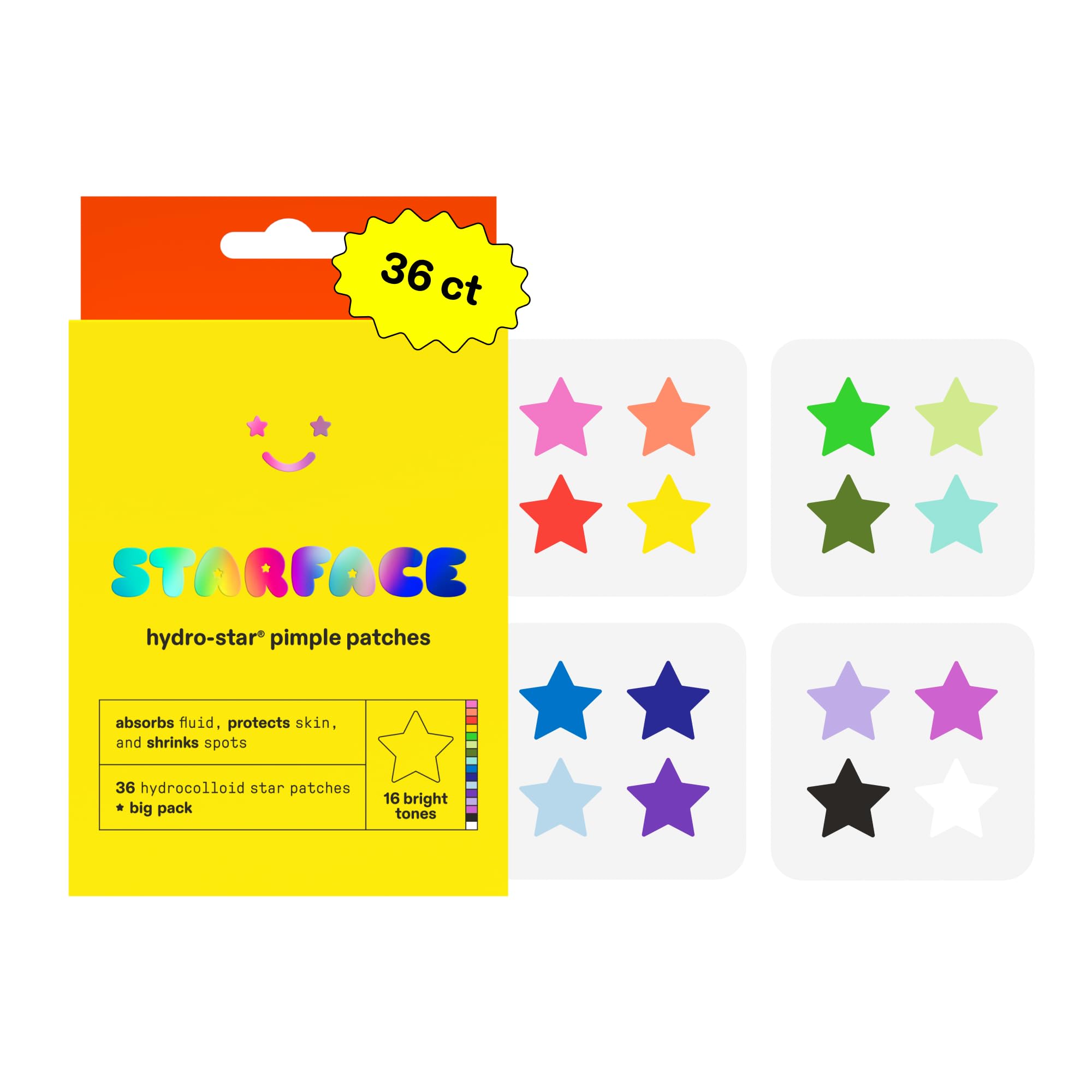 Starface Hydro-Star Play Pack Pimple Patches, Hydrocolloid, Clinically Proven Spot Shrinking in 6 Hours, Absorb Fluid, Reduce Redness, 16 Fun Colors, Vegan, Cruelty-Free Skincare (36 Count) 36 Count (Pack of 1) Play Pack Hydrocolloid Stars