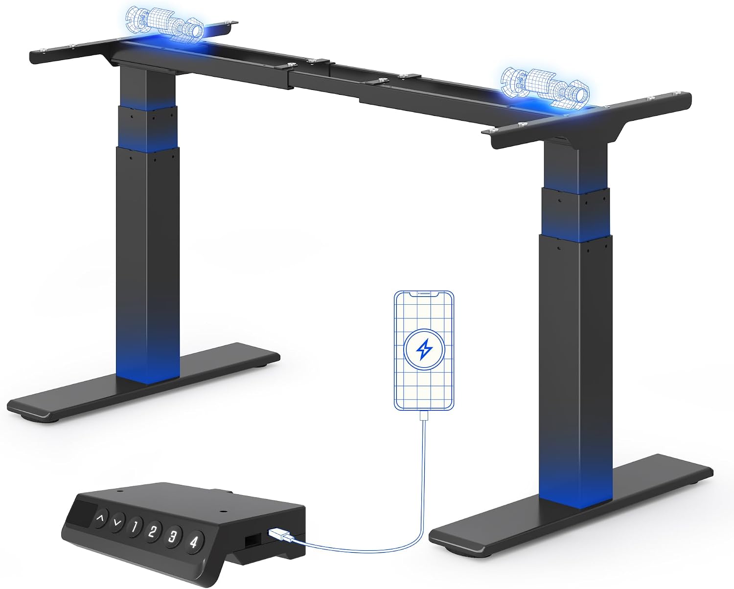 Photo FLEXISPOT Bureau Assis Debout Électrique à 2 Moteurs, Charge 200kg, Cadre de Bureau Assis Debout à 3Ssections Inversées, Système Anti-Collision, Commande à 4 Mémoires avec USB, Noir