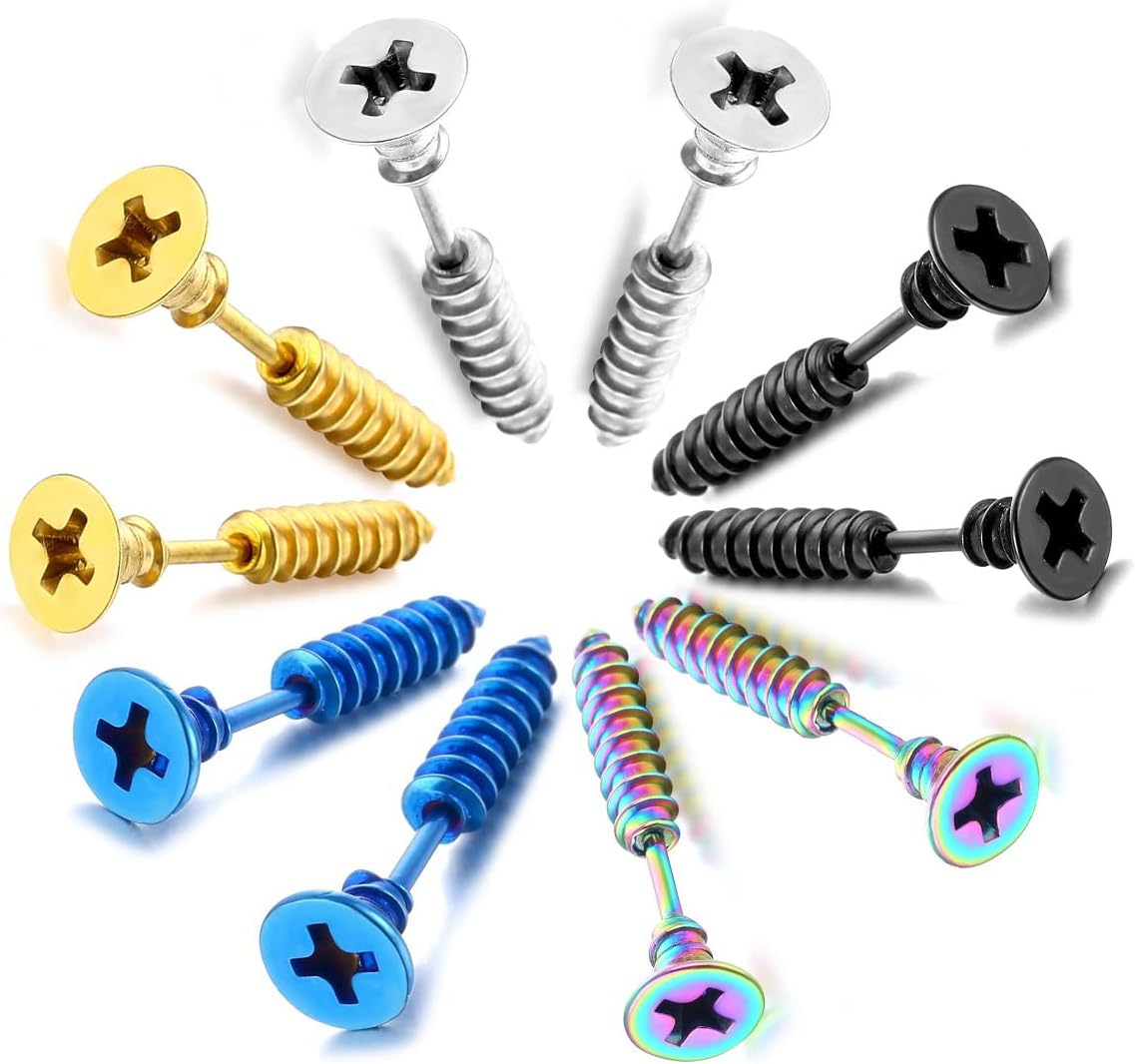 Punk Ttitanium Stainless Steel Screw Earrings Piercing Stud for Men Women Halloween Rock Hypoallergenic Jewelry