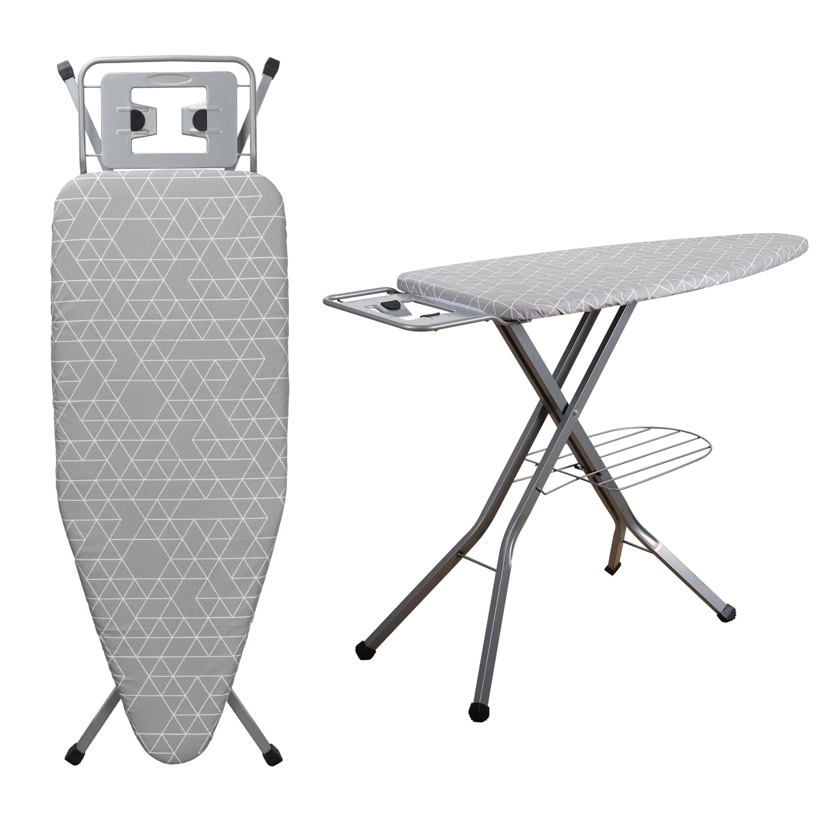 DEWINNER Table à Repasser Pliable 120 x 45 cm,Housse géométrique 100% Coton à la Mode, Verrouillage Sécurisé,7 Niveaux De réglage De La Hauteur,Repassage Pratique pour Un Usage Domestique(Gris)