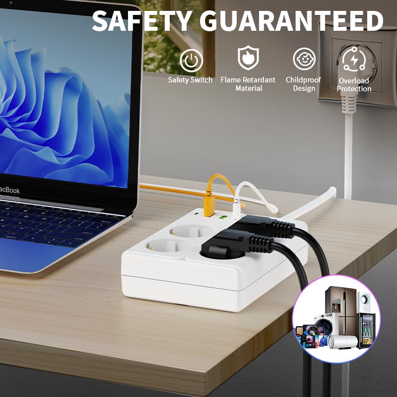 Steckdosenleiste 8-in-1 mit 4 AC-Steckdosen, 2 USB und 2 Type-C, 2500W, 10A, für Zuhause, Büro und Reisen (Weiß)
