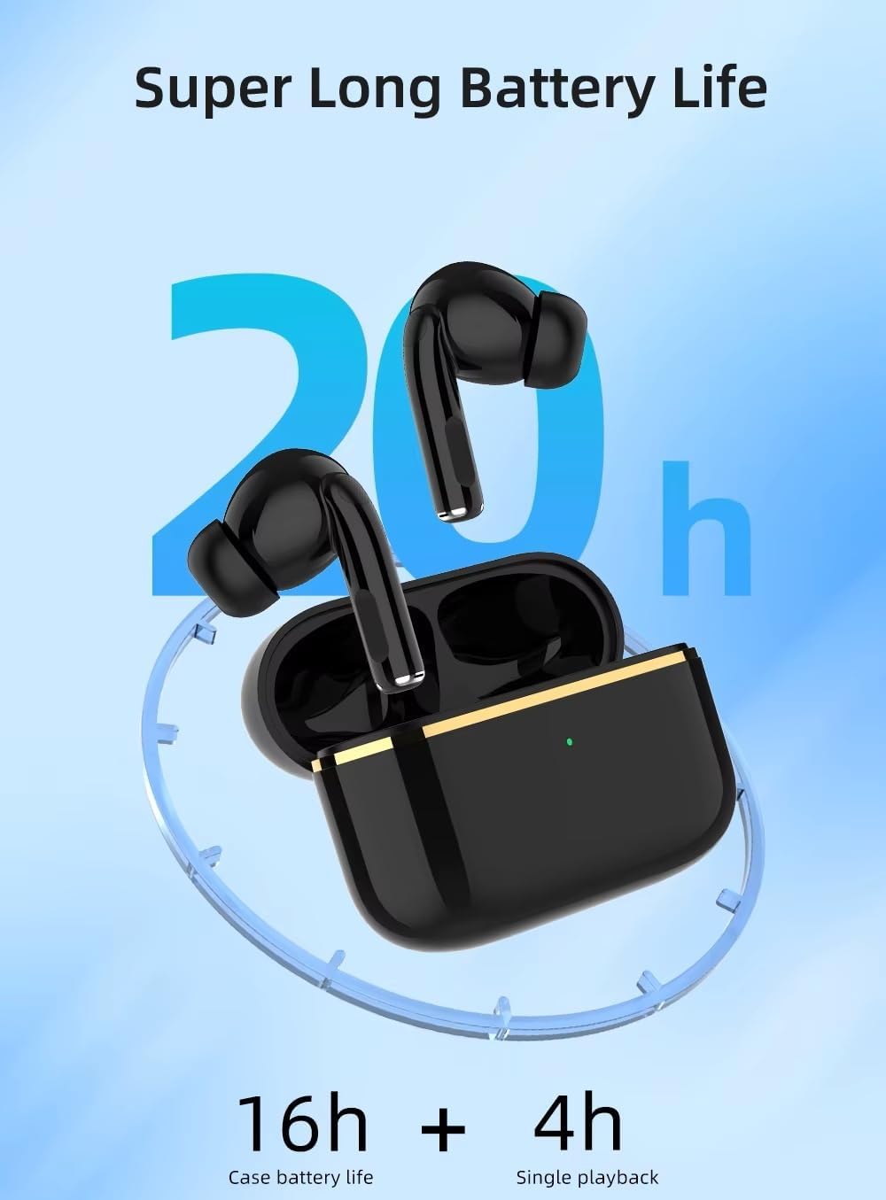 TW300 Wireless Bluetooth Earbuds, Black, True Wireless in-Ear Headphones with Deep Bass, Surround Sound, Gaming Compatible, Charging Case (Black)