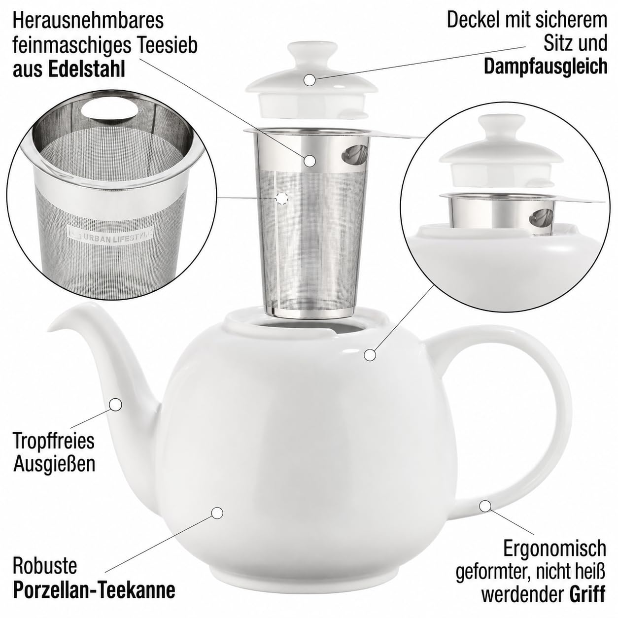Urban Lifestyle Teekanne mit Siebeinsatz 1,1 Liter, Hochwertige Fine Porzellan Teekanne mit Edelstahl Sieb & Filter, 800 ml Nutzvolumen, Tropffrei, Deckel stabilisiert Swansea Weiß