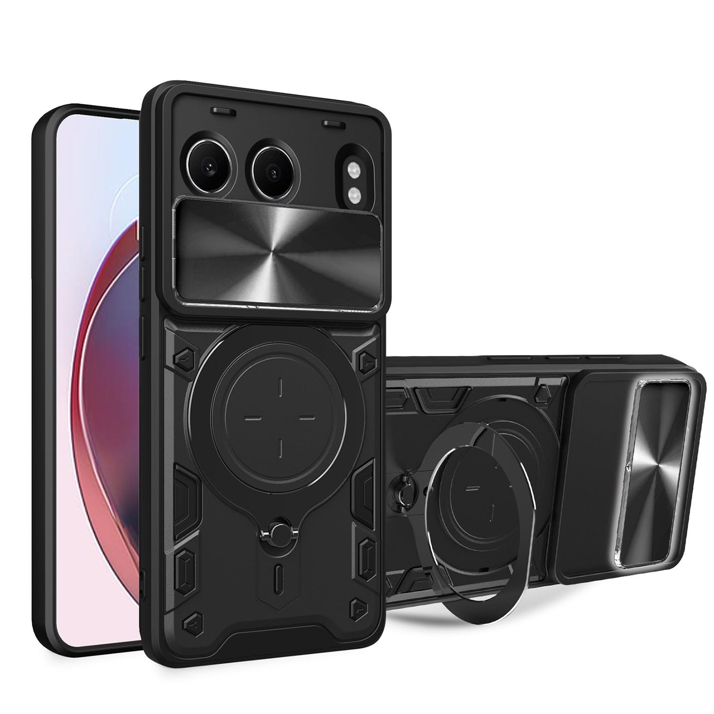BORYA Handyhülle Für OnePlus Nord CE4 Lite – Stoßfest, Mit Magnetischem Metallring-Ständer & Kamera-Schiebedeckel, Schwarz