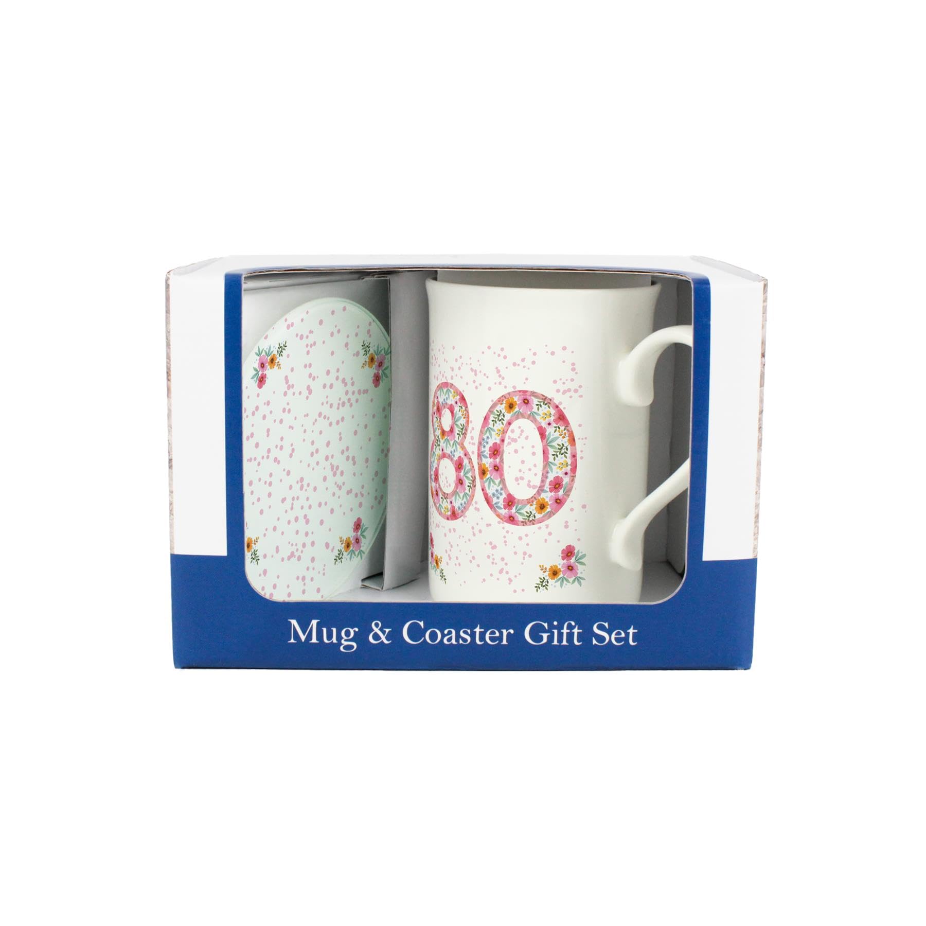 Purely Home Pink Floral 80th Birthday Mug & Coaster Gift Set - Bone China Mug and Glass Coaster Tea/Coffee Cup Present for Her