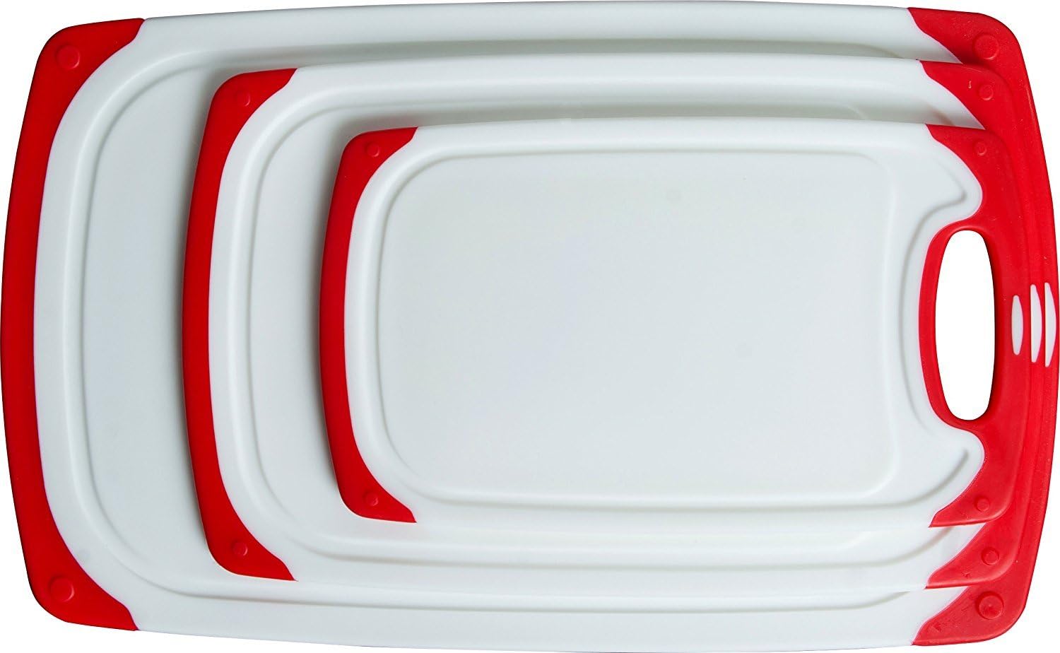 3-Piece Nonslip Cutting Board Set: Red and white plastic kitchen carving boards, each with juice groove and nonskid handle; dishwasher safe