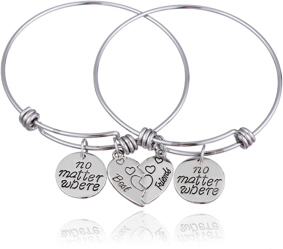 lauhonmin 2pcs BBF Best Friends No Matter Where Compass Split Broken Heart Double Bracelets Set Friendship Gift