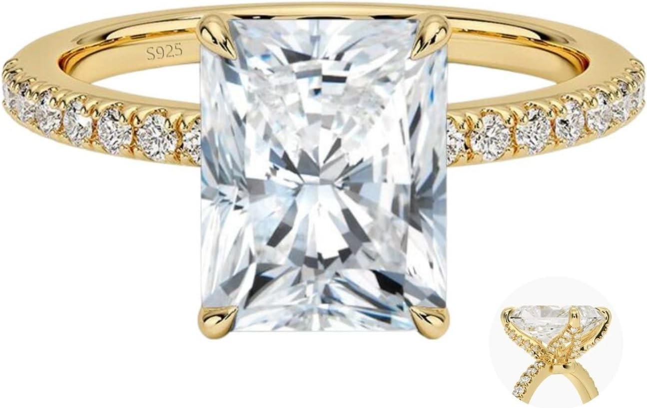 3CT 925 Sterling Silver Engagement Rings Radiant Cut AAAAA Cubic Zirconia CZ Wedding Promise Bands For Women Solitaire Simulated Diamond Silver/Gold Size 5-10