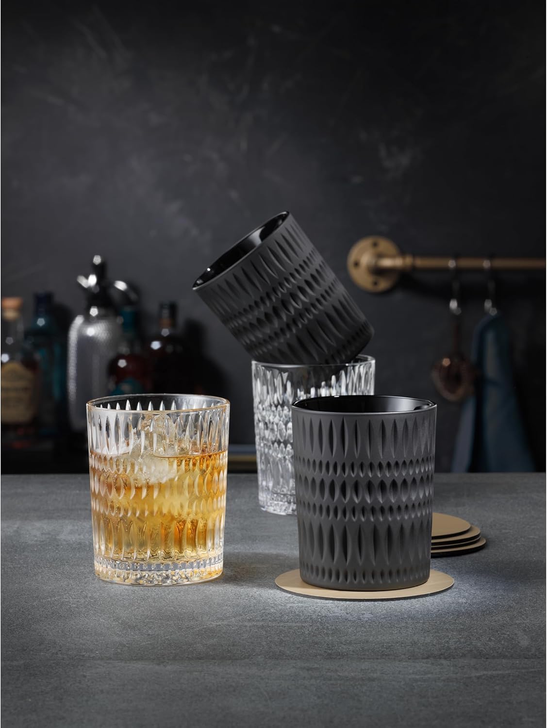Nachtmann Ethno Whisky Tumbler, 6-teiliges Whiskybecher-Set, 304 ml, Schwarze Whiskygläser aus Kristallglas mit Schliffdekor, Spülmaschinenfest, Schwarz, 105395-3