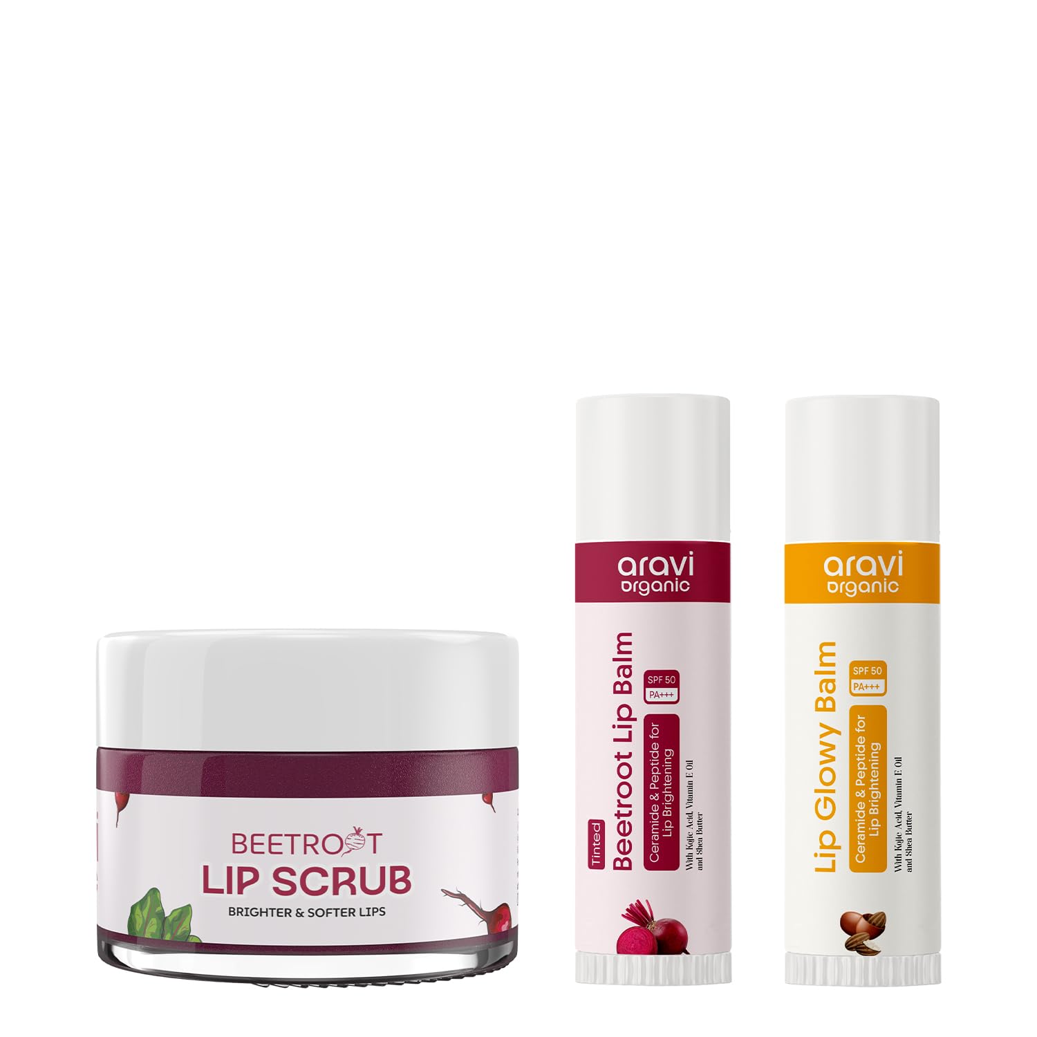 Aravi Organic Lip Care Combo – Beetroot Lip Scrub (15g) + Tinted Lip Balm SPF 50 PA+++ (5g) + Lip Glowy Balm SPF 50 PA+++ (5g)-picture-15