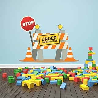 Under Construction Sign Wall Decals Safety Cones Road Work Construction Wall Art Decor Kids Mural Room Playroom Bedroom Vinyl Wall Stickers Gift ND41 (24