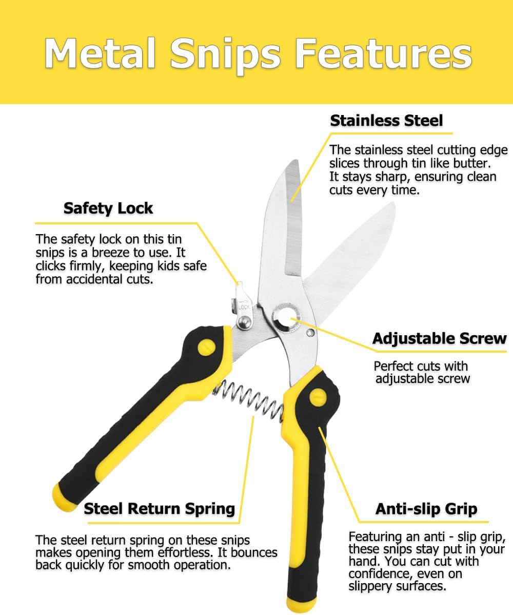 Aviation Tin Snips 9 Inch Heavy Duty Metal Cutter Shears Straight Cut for Cutting Metal Sheet, Chicken Wire, Artificial Flowers, Easy Grip, Stainless Steel Cutter