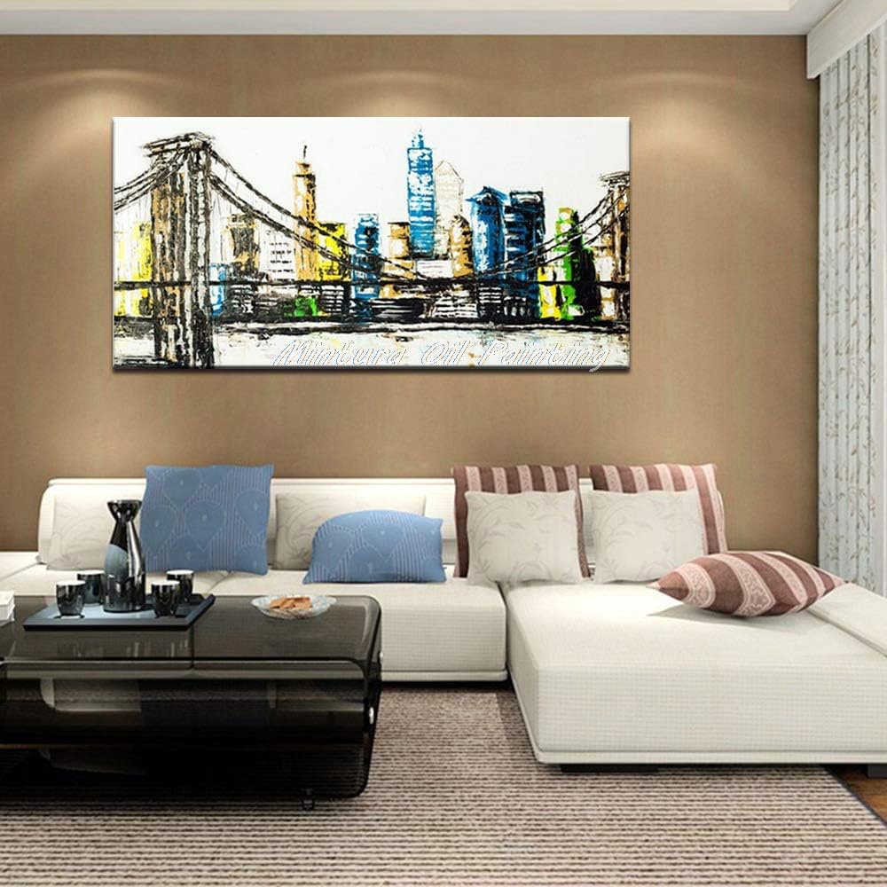 YHXIAOBAOZI Hand Painted Oil Painting On Canvas,Abstract Landscape Blue New York Skyline Cityscape Architecture Black 大桥 Wall Picture Modern Art Oil Painting For Living Room Home Decoration 80×160Cm
