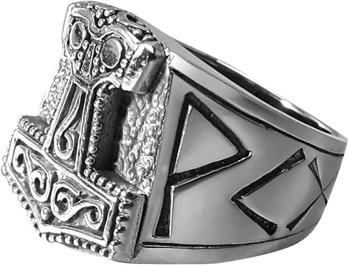 Anillo de plata de ley 925 con martillo de Thor vikingo Mjölnir Mjolnir Futhark Runas nórdicas