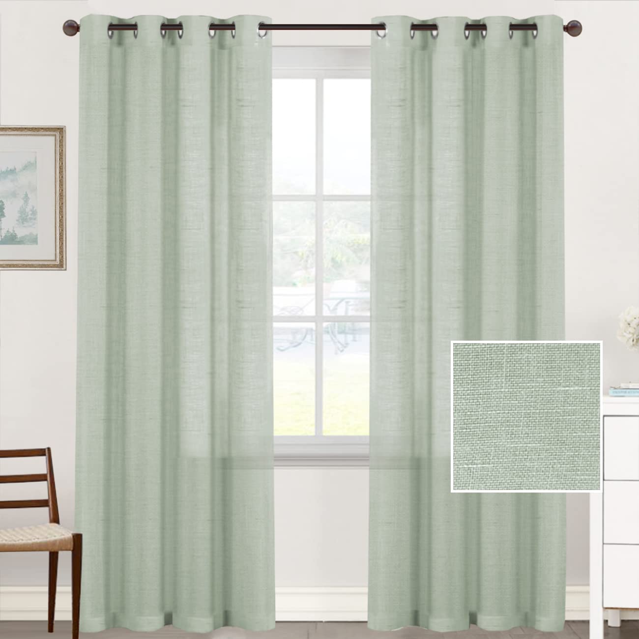 Lanqinglv Gardinen Vorhänge mit ösen Voile Vorhang 2er Set H 160 x B 132 cm,Salbei Grün Leinenoptik Halbtransparent Vorhänge für Wohnzimmer Schlafzimmer Kinderzimmer,Leinen Schiebevorhang